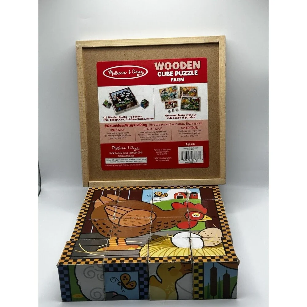 Melissa & Doug Wooden Cube Puzzle Farm 16 Blocks 6 Scenes Complete Wood Toy